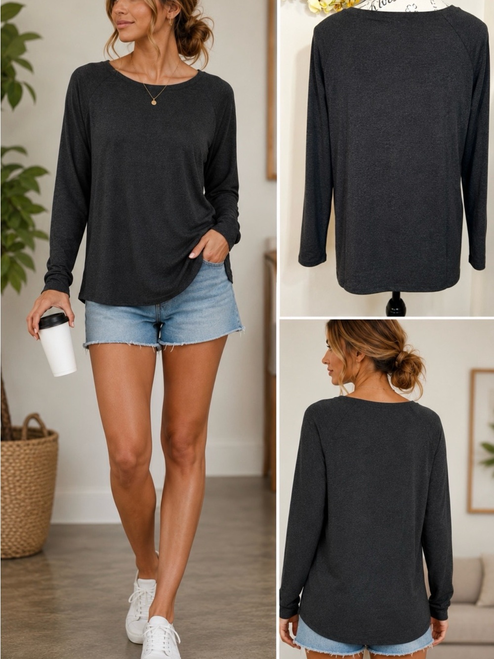 💥FREE FLY Bamboo Blend Everyday Flex Long Sleeve Tee Heather Black Sz S💛